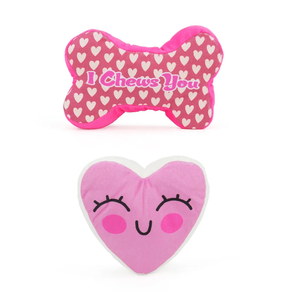 2PCS Heart & Bone Plush Dog Toys – Squeaky Chew Toys for Valentine’s Day Gift