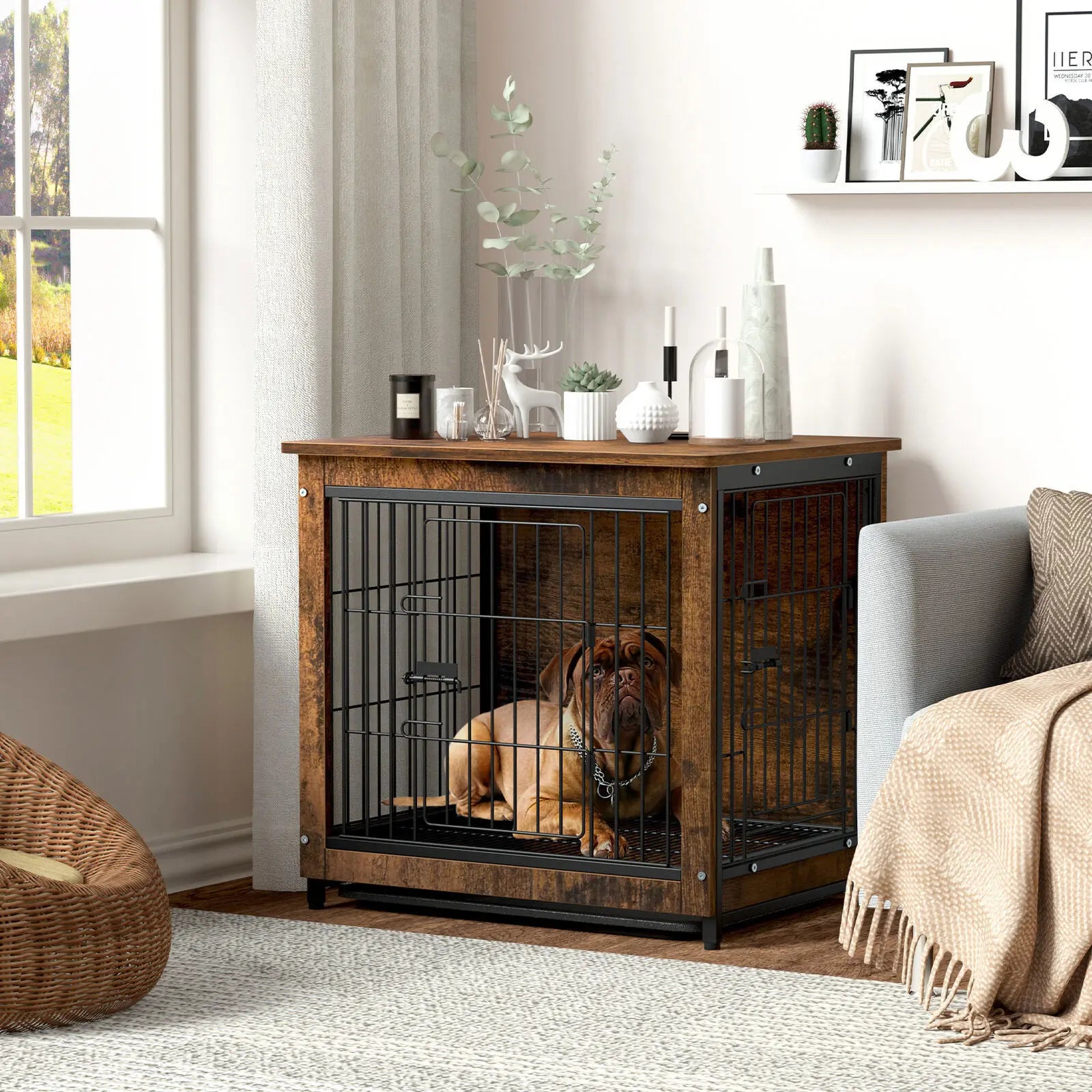 Vintage Wooden Dog Cage End Table – Stylish Indoor Pet Crate with Double Doors and Removable Tray