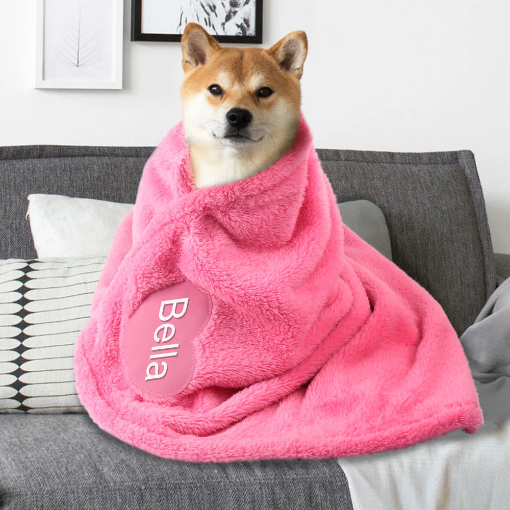 Soft Fluffy Dog Blanket Personalized Fleece Pet Blankets Free Printed Name Warm Dogs Heart Pattern Mat for Bed Sleeping Shower