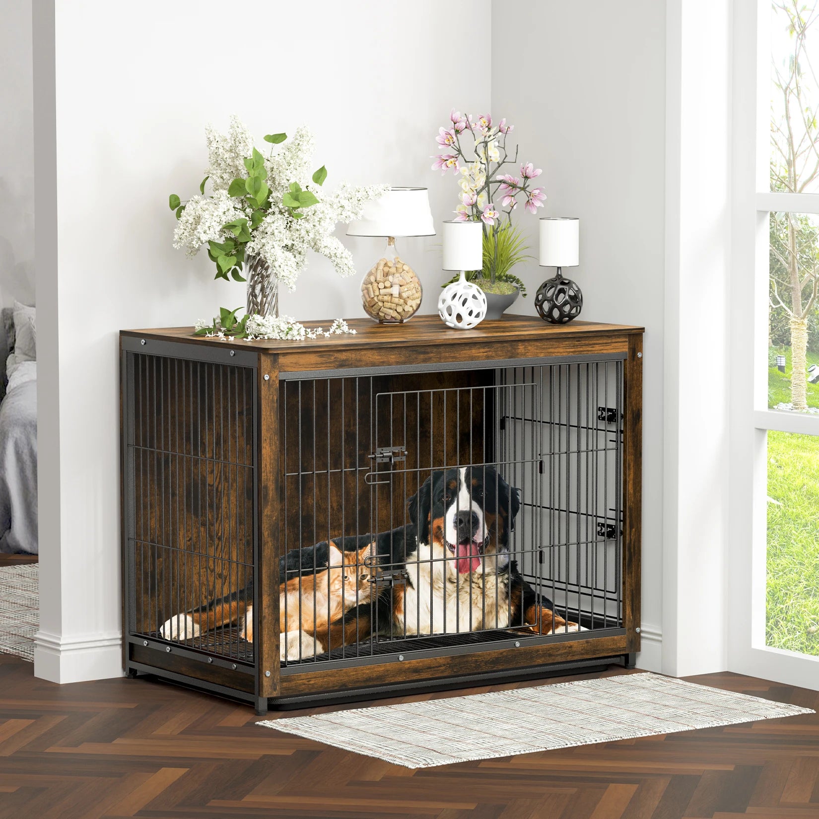 Vintage Wooden Dog Cage End Table – Stylish Indoor Pet Crate with Double Doors and Removable Tray