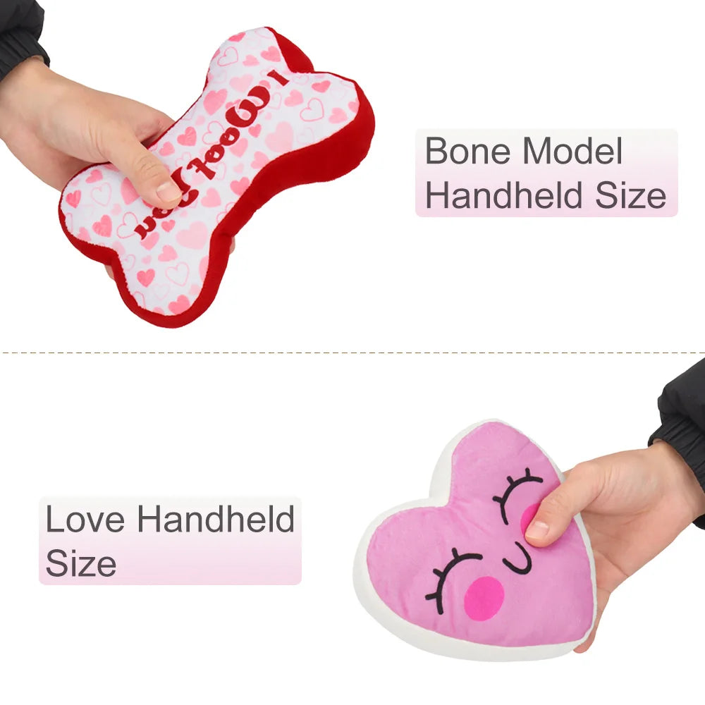 2PCS Heart & Bone Plush Dog Toys – Squeaky Chew Toys for Valentine’s Day Gift