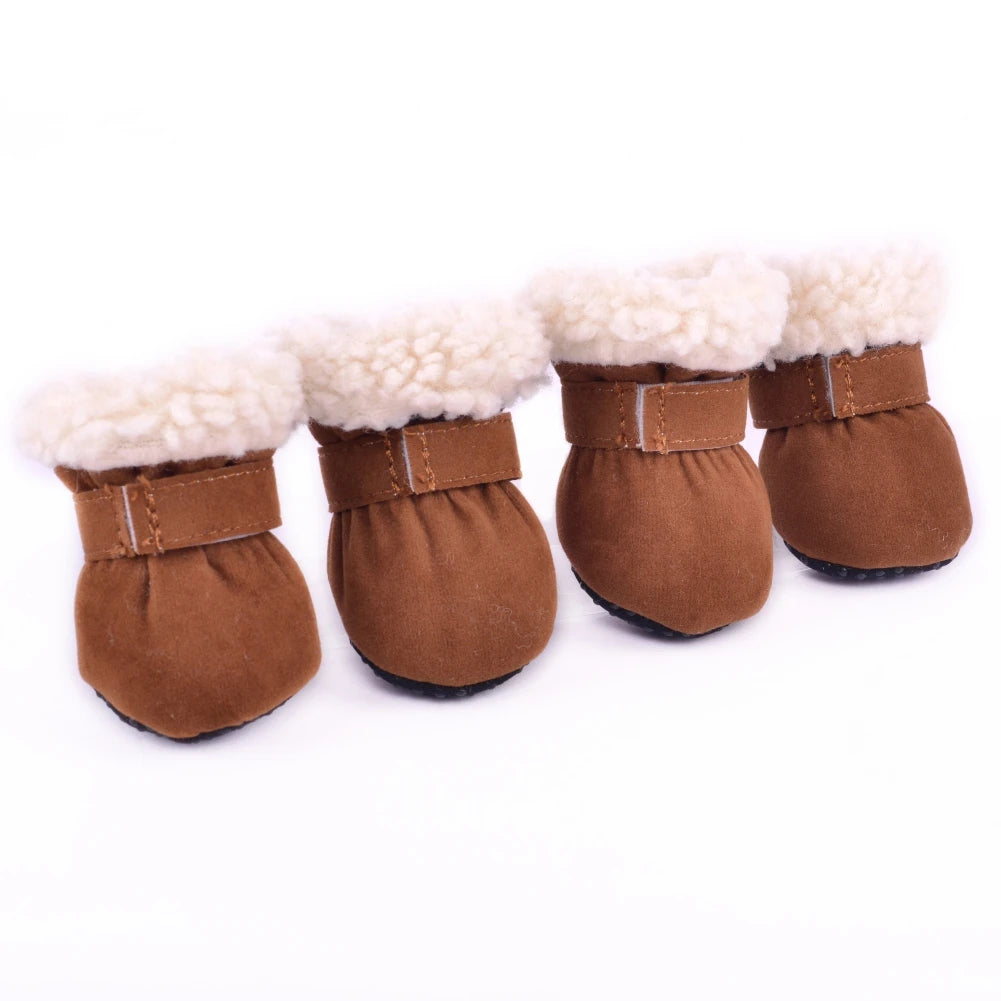 4PCS Plush Dog Snow Boots – Warm Winter Shoes with Non-Slip Soles for Small to Medium Dogs and Cats