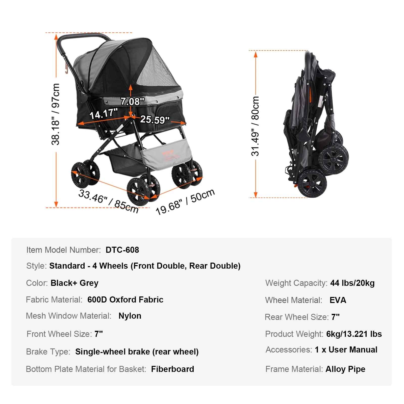 VEVOR Lightweight Pet Stroller – Travel-Friendly Carrier with Brakes, Rotating Wheels, and Accessories