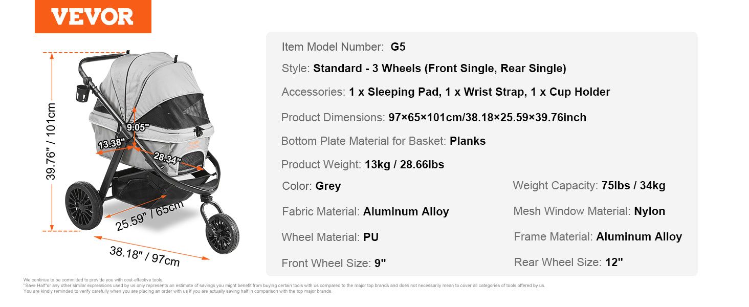 VEVOR Lightweight Pet Stroller – Travel-Friendly Carrier with Brakes, Rotating Wheels, and Accessories