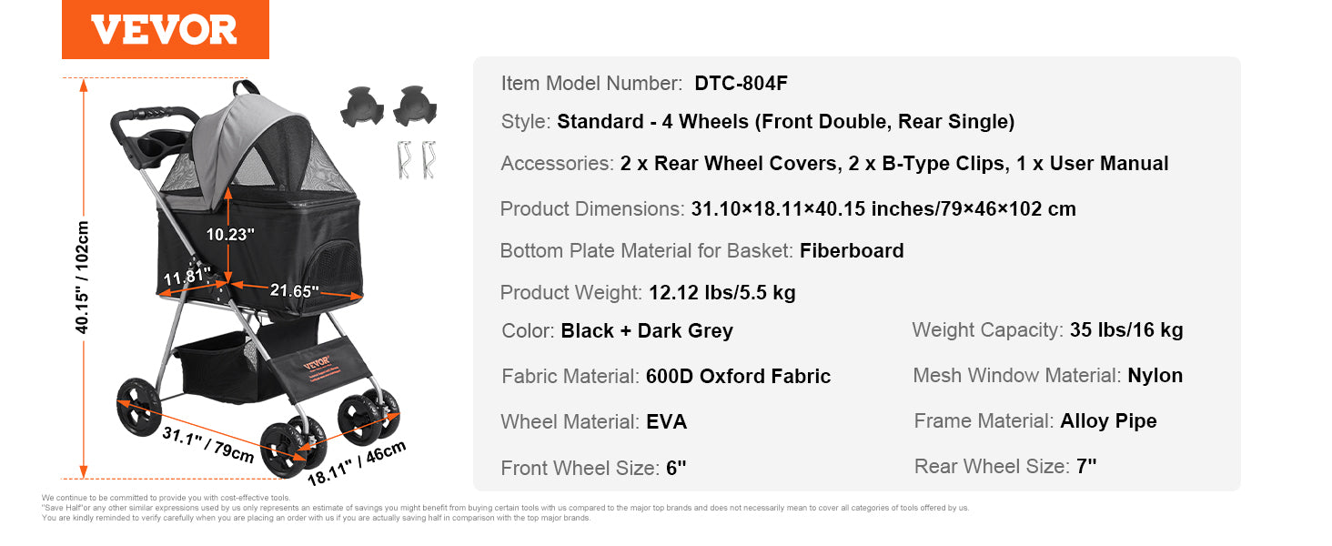 VEVOR Lightweight Pet Stroller – Travel-Friendly Carrier with Brakes, Rotating Wheels, and Accessories