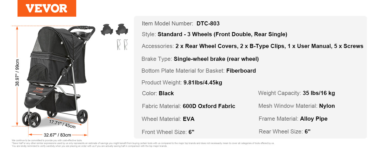 VEVOR Lightweight Pet Stroller – Travel-Friendly Carrier with Brakes, Rotating Wheels, and Accessories