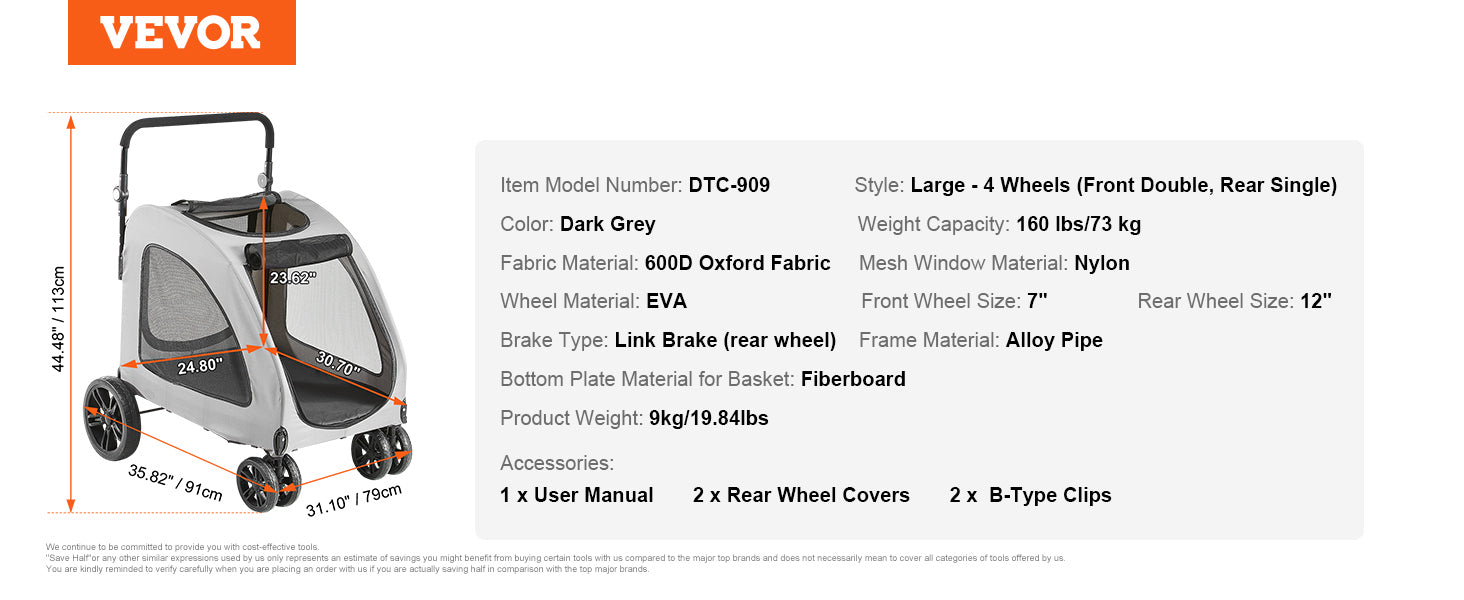 VEVOR Lightweight Pet Stroller – Travel-Friendly Carrier with Brakes, Rotating Wheels, and Accessories
