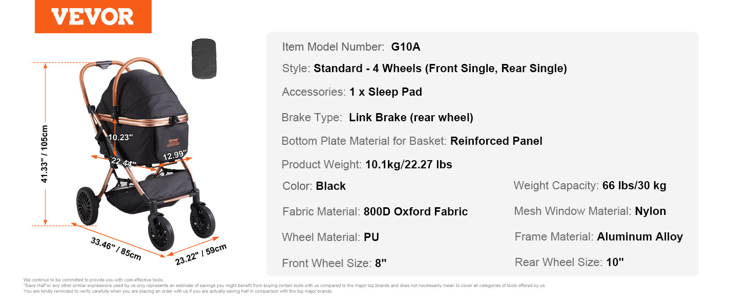VEVOR Lightweight Pet Stroller – Travel-Friendly Carrier with Brakes, Rotating Wheels, and Accessories