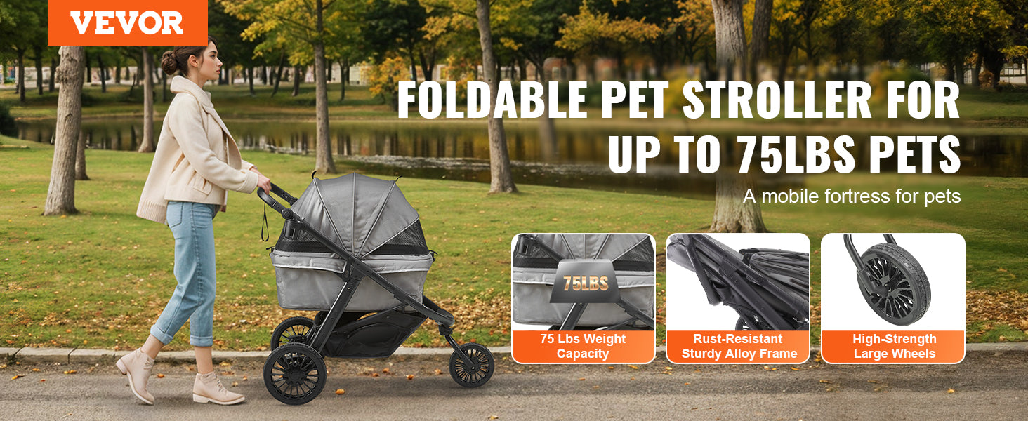 VEVOR Lightweight Pet Stroller – Travel-Friendly Carrier with Brakes, Rotating Wheels, and Accessories