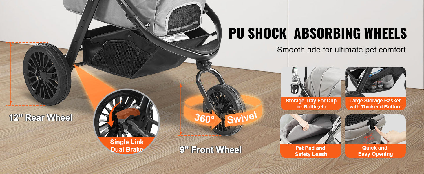 VEVOR Lightweight Pet Stroller – Travel-Friendly Carrier with Brakes, Rotating Wheels, and Accessories