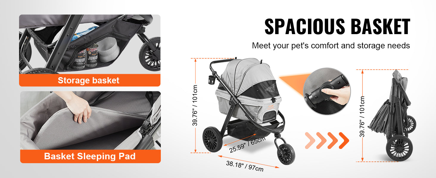 VEVOR Lightweight Pet Stroller – Travel-Friendly Carrier with Brakes, Rotating Wheels, and Accessories